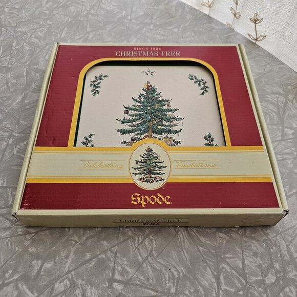 Spode Christmas Tree Tile and Wood Trivet 8" square original box vintage - Picture 11 of 14